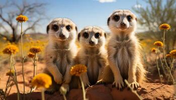 ai gegenereerd schattig meerkat familie zittend buitenshuis, aan het kijken natuur klein groep gegenereerd door ai foto