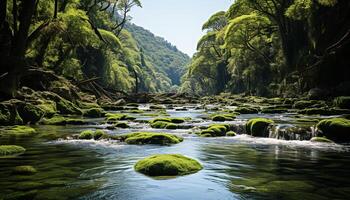 ai gegenereerd rustig tafereel groen Woud, vloeiende water, berg reflectie, wildernis schoonheid gegenereerd door ai foto