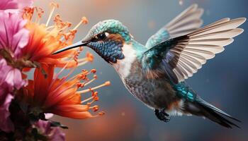 ai gegenereerd kolibrie zweven, levendig veren, bestuiven een kleurrijk bloem gegenereerd door ai foto