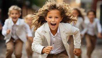 ai gegenereerd groep van kinderen spelen buitenshuis, glimlachen en op zoek Bij camera gegenereerd door ai foto