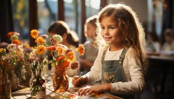 ai gegenereerd twee meisjes lachend, Holding bloem potten, genieten van natuur samen gegenereerd door ai foto