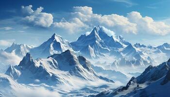 ai gegenereerd majestueus berg piek, sneeuw gedekt landschap, blauw lucht, rustig zonsondergang gegenereerd door ai foto