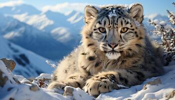 ai gegenereerd majestueus sneeuw luipaard, een schoonheid in natuur rustig winter gegenereerd door ai foto