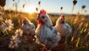 ai gegenereerd jong kippen grazen in een mooi groen weide Bij zonsopkomst gegenereerd door ai foto