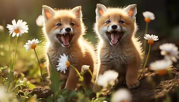 ai gegenereerd schattig puppy zittend in gras, op zoek Bij camera, buitenshuis gegenereerd door ai foto