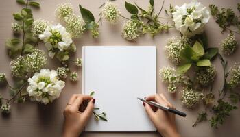 ai gegenereerd Dames Holding een boeket van vers bloemen Aan houten tafel gegenereerd door ai foto