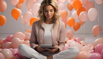 ai gegenereerd een vrouw, lachend, Holding een ballon, vieren haar verjaardag gegenereerd door ai foto