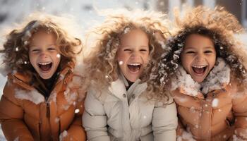 ai gegenereerd glimlachen meisjes spelen in de sneeuw, vrolijk gelach vult winter gegenereerd door ai foto