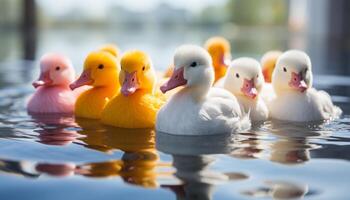 ai gegenereerd schattig eendje zwemmen in vijver met geel veer reflectie gegenereerd door ai foto