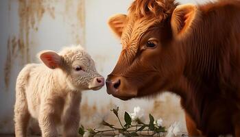 ai gegenereerd schattig koe begrazing in groen weide, genieten van de zomer gegenereerd door ai foto