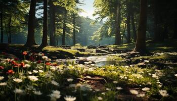 ai gegenereerd rustig tafereel natuur schoonheid in een vers weide, zomer dageraad gegenereerd door ai foto