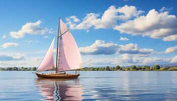 ai gegenereerd het zeilen schip glijdt Aan rustig golven, omarmen natuur schoonheid gegenereerd door ai foto