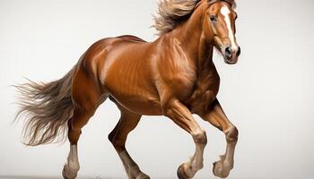 ai gegenereerd rennen paard in natuur, manen stromend, vrijheid in beweging gegenereerd door ai foto