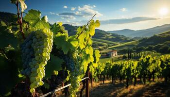 ai gegenereerd zonsondergang over- een wijngaard, natuur wijn maken meesterwerk in chianti regio gegenereerd door ai foto