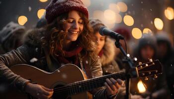 ai gegenereerd een jong vrouw spelen gitaar buitenshuis, glimlachen met geluk gegenereerd door ai foto