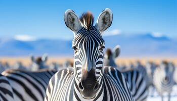 ai gegenereerd zebra kudde begrazing in Afrikaanse savanne, natuur gestreept schoonheid gegenereerd door ai foto