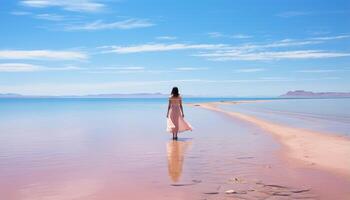 ai gegenereerd jong vrouw in blauw jurk wandelen Aan zanderig strand Bij zonsondergang gegenereerd door ai foto