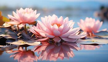 ai gegenereerd de levendig lotus water lelie bloesems in de rustig vijver gegenereerd door ai foto