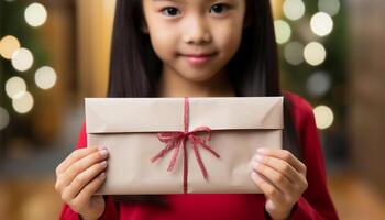 ai gegenereerd een schattig meisje Holding een verpakt geschenk, glimlachen met vreugde gegenereerd door ai foto