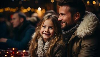 ai gegenereerd glimlachen familie omarmt warmte, liefde, en vreugde gedurende Kerstmis viering gegenereerd door ai foto