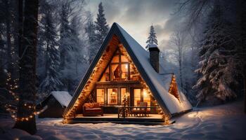 ai gegenereerd winter nacht, sneeuwen, verlichte huisje, rustiek decoratie, naald- boom gegenereerd door ai foto