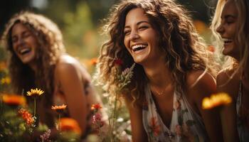 ai gegenereerd jong Dames lachend, genieten van natuur, zorgeloos en zorgeloos, bonding samen gegenereerd door ai foto