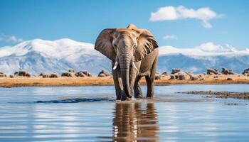 ai gegenereerd majestueus olifant wandelen in rustig Afrikaanse wildernis, reflecterend in water gegenereerd door ai foto