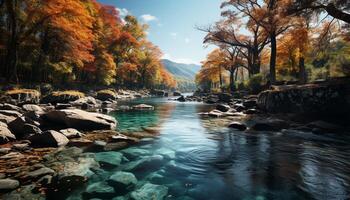 ai gegenereerd rustig herfst Woud, berg piek, reflecterend kleurrijk gebladerte in vijver gegenereerd door ai foto