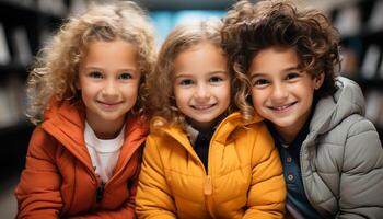 ai gegenereerd glimlachen kinderen spelen buitenshuis, omarmen natuur, genieten van vriendschap en pret gegenereerd door ai foto