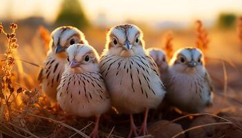 ai gegenereerd schattig geel kuiken Aan tak, op zoek Bij zonsopkomst in weide gegenereerd door ai foto