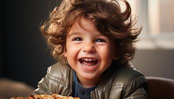 ai gegenereerd glimlachen kind, schattig en vrolijk, genieten van voedsel met geluk gegenereerd door ai foto