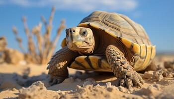 ai gegenereerd een schattig schildpad kruipen langzaam in de Afrikaanse zand gegenereerd door ai foto