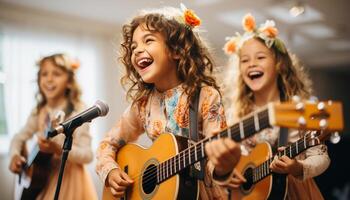 ai gegenereerd kinderen spelen gitaar, lachend, geluk, musicus, musical instrument, pret gegenereerd door ai foto