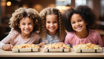 ai gegenereerd glimlachen meisjes, vrolijk jongens, schattig kinderen bakken geluk samen gegenereerd door ai foto