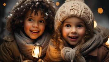 ai gegenereerd glimlachen kinderen in warm kleding vieren Kerstmis met vreugde gegenereerd door ai foto