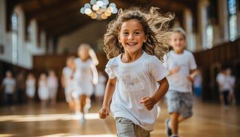 ai gegenereerd groep van kinderen rennen en lachend, genieten van hun school- activiteiten gegenereerd door ai foto