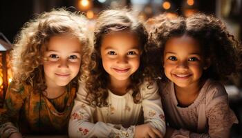 ai gegenereerd glimlachen kinderen, schattig en vrolijk, op zoek Bij camera met vreugde gegenereerd door ai foto