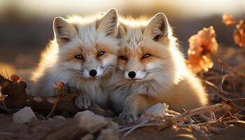 ai gegenereerd schattig puppy en rood vos spelen in de herfst Woud gegenereerd door ai foto