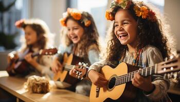 ai gegenereerd meisjes en jongens spelen gitaar, lachend, creëren musical saamhorigheid gegenereerd door ai foto