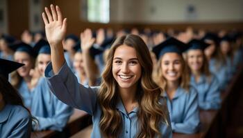 ai gegenereerd glimlachen studenten vieren succes, geluk in een blij klas gegenereerd door ai foto