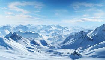 ai gegenereerd sneeuw afgedekt bergen, blauw lucht, rustig tafereel natuur schoonheid gegenereerd door ai foto