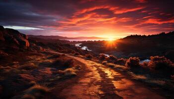 ai gegenereerd majestueus berg top gloeit in verlicht zonsondergang, natuur schoonheid gegenereerd door ai foto