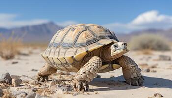 ai gegenereerd langzaam schildpad kruipen Aan droog zand in Afrikaanse dieren in het wild reserveren gegenereerd door ai foto