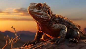 ai gegenereerd majestueus hagedis in natuur, zonsondergang verlicht haar kleurrijk balans gegenereerd door ai foto