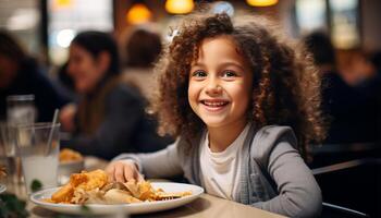 ai gegenereerd glimlachen kind zittend Bij tafel, genieten van maaltijd met familie gegenereerd door ai foto