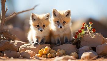 ai gegenereerd schattig puppy en speels katje zittend in gras, genieten van natuur gegenereerd door ai foto