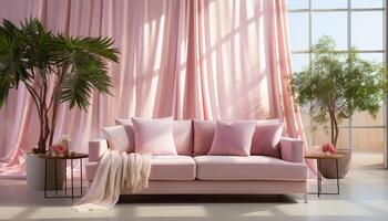 ai gegenereerd knus modern slaapkamer met helder zonlicht, comfortabel bed, en roze decor gegenereerd door ai foto