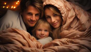 ai gegenereerd glimlachen familie omarmt liefde, geluk, en saamhorigheid in knus slaapkamer gegenereerd door ai foto