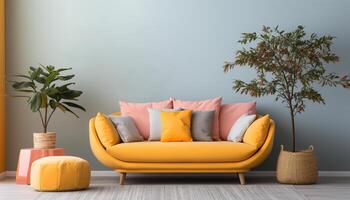 ai gegenereerd comfortabel modern leven kamer met geel sofa en blauw tapijt gegenereerd door ai foto