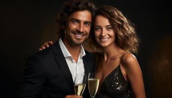 ai gegenereerd jong volwassenen vieren liefde en geluk, roosteren met Champagne gegenereerd door ai foto